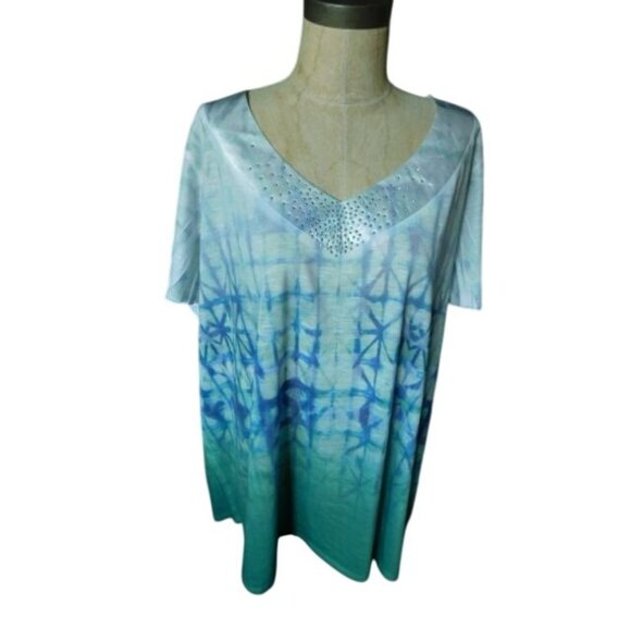 One World Size 3X Plus Size Boho Vneck Short Sleeve Top - Picture 1 of 3